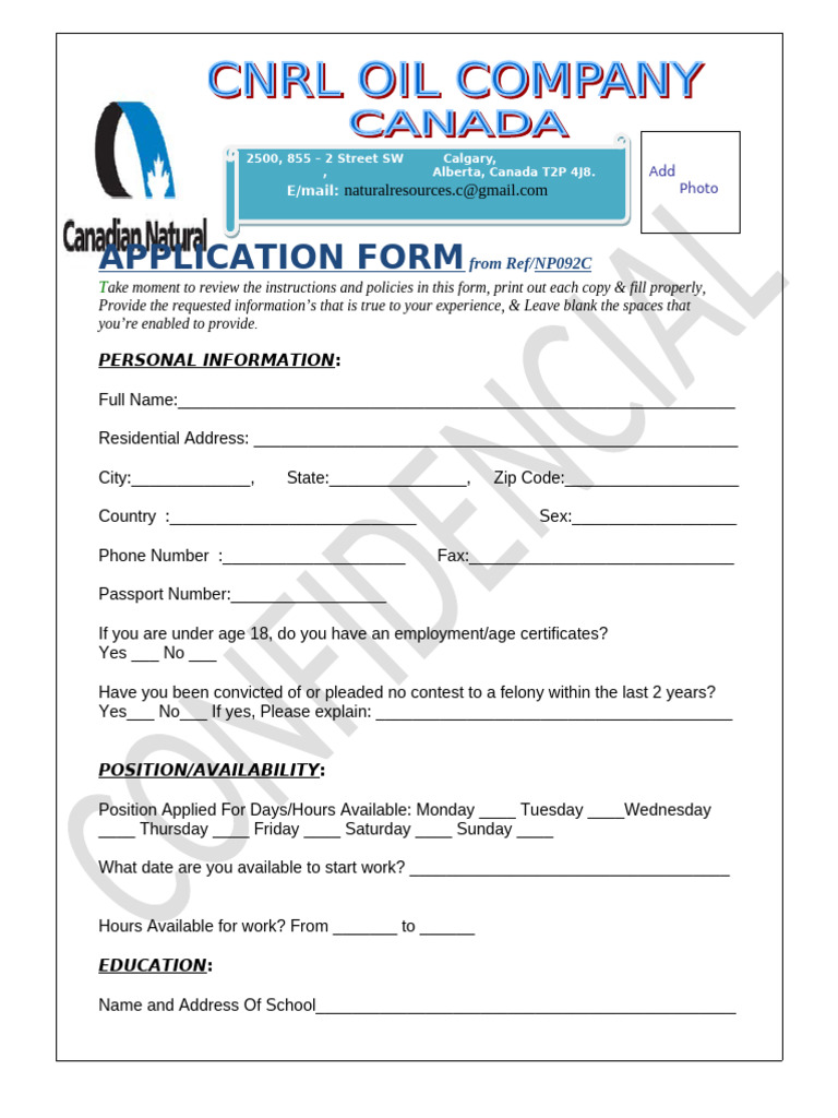 CNRL Job Application Form | PDF