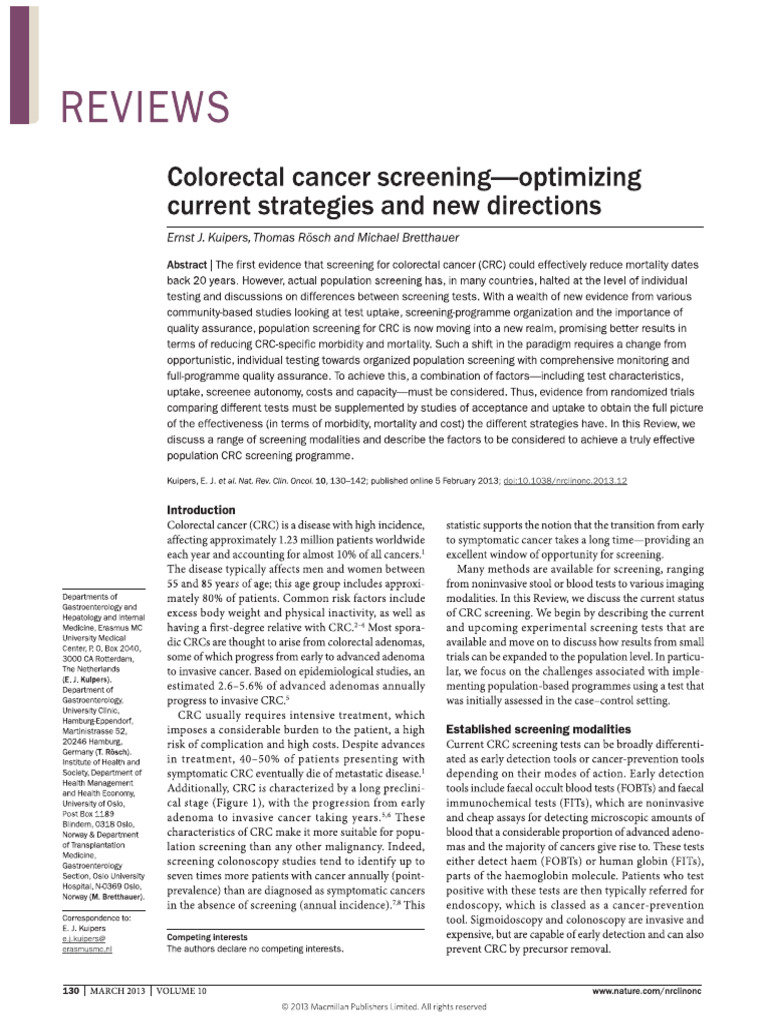 Colorectal Cancer Screening - Optimizing Current Strategies and New ...