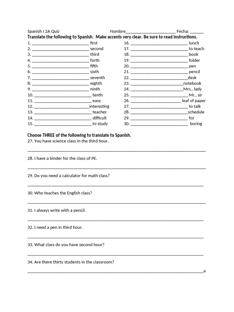 Spanish I 2A Quiz 2026 | PDF