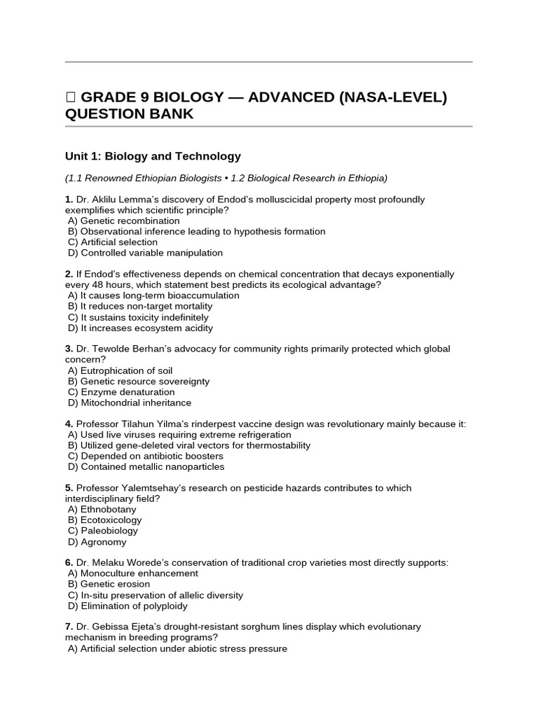? Grade 9 Biology - Advanced (Nasa-Level) Question Bank | PDF | Cell ...