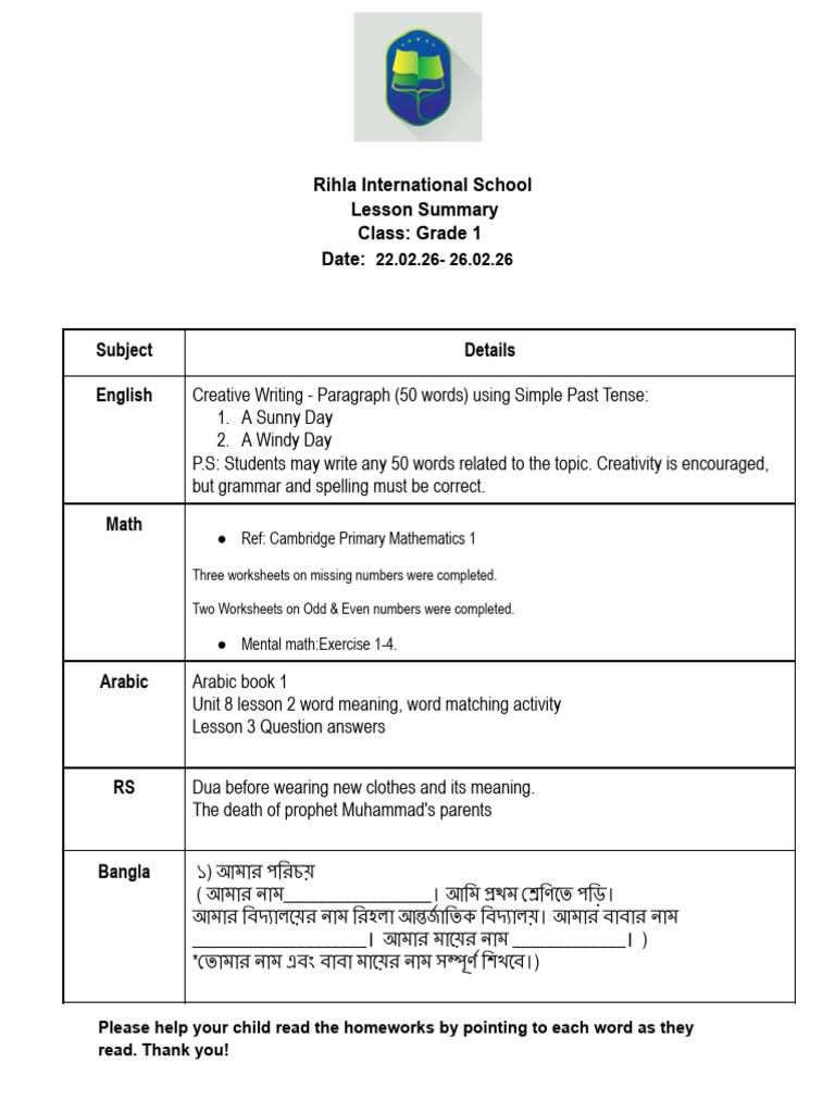 Lesson Summary Grade 1-2 | PDF