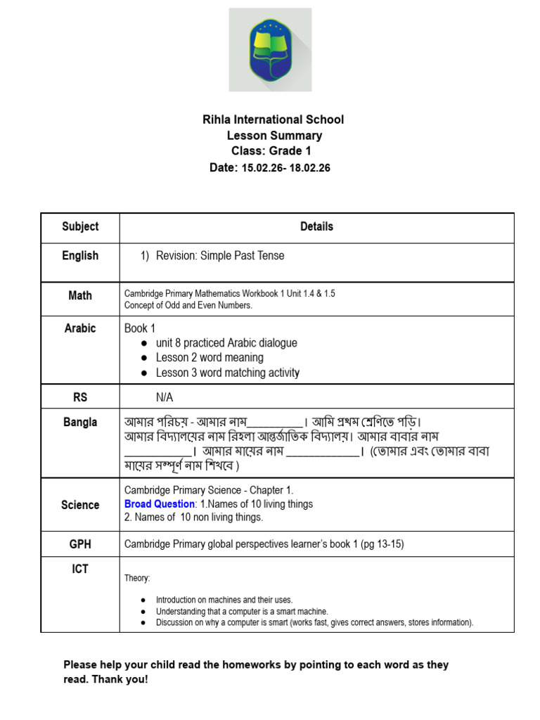 Lesson Summary Grade 1-1 | PDF
