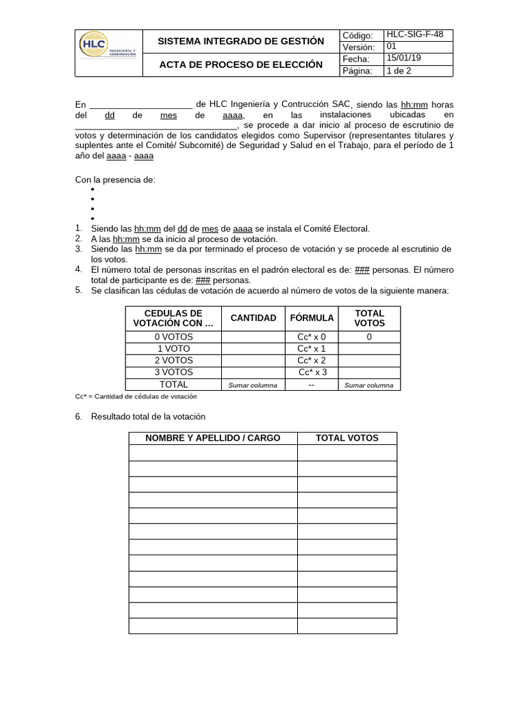 HLC-SIG-F-48 v01 Acta Del Proceso de Eleccion | PDF | Votación | Elecciones