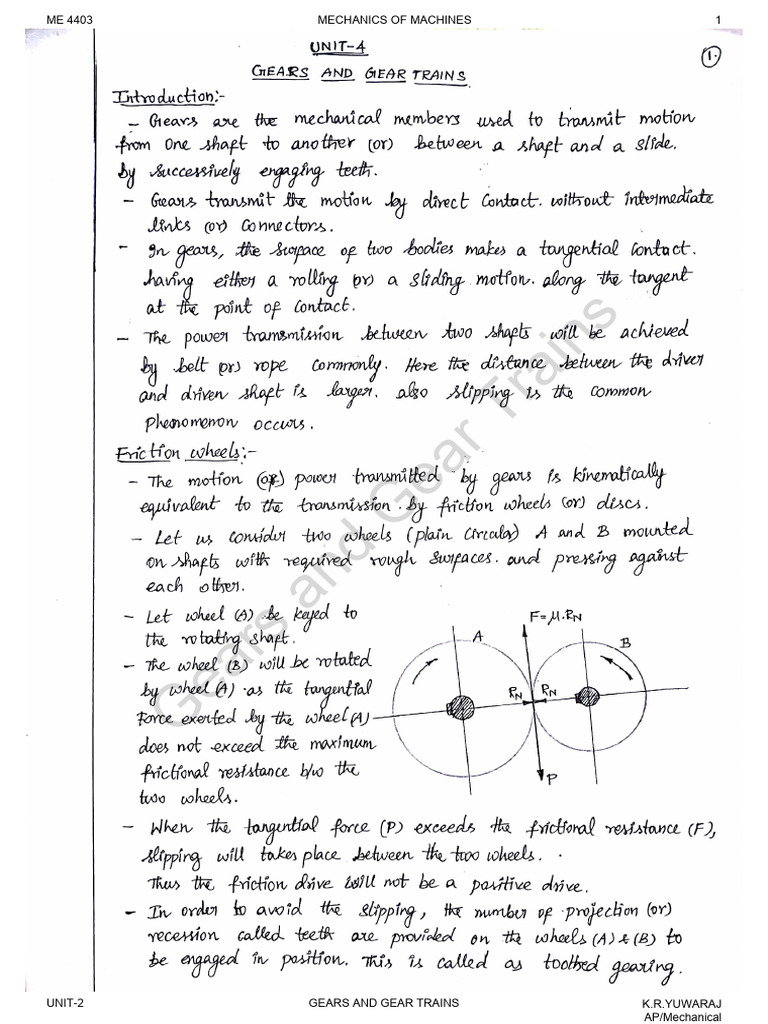 MOM Unit 2 Gear Train Notes | PDF | Kinematics | Machines