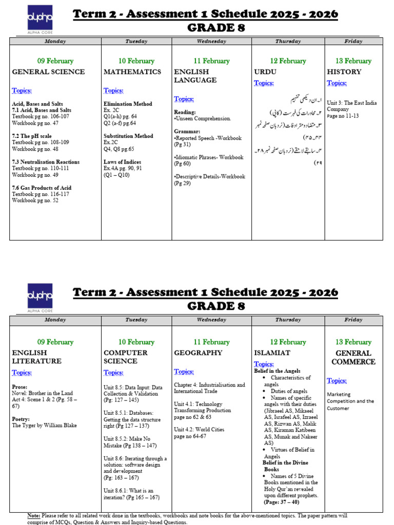 Informed Assessment 1 Schedule 2025-26 (Term 2) - Grade 8-1 | PDF