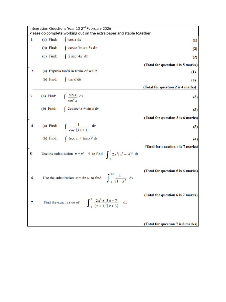 Integration Questions Year 13 2nd February 2026 | PDF