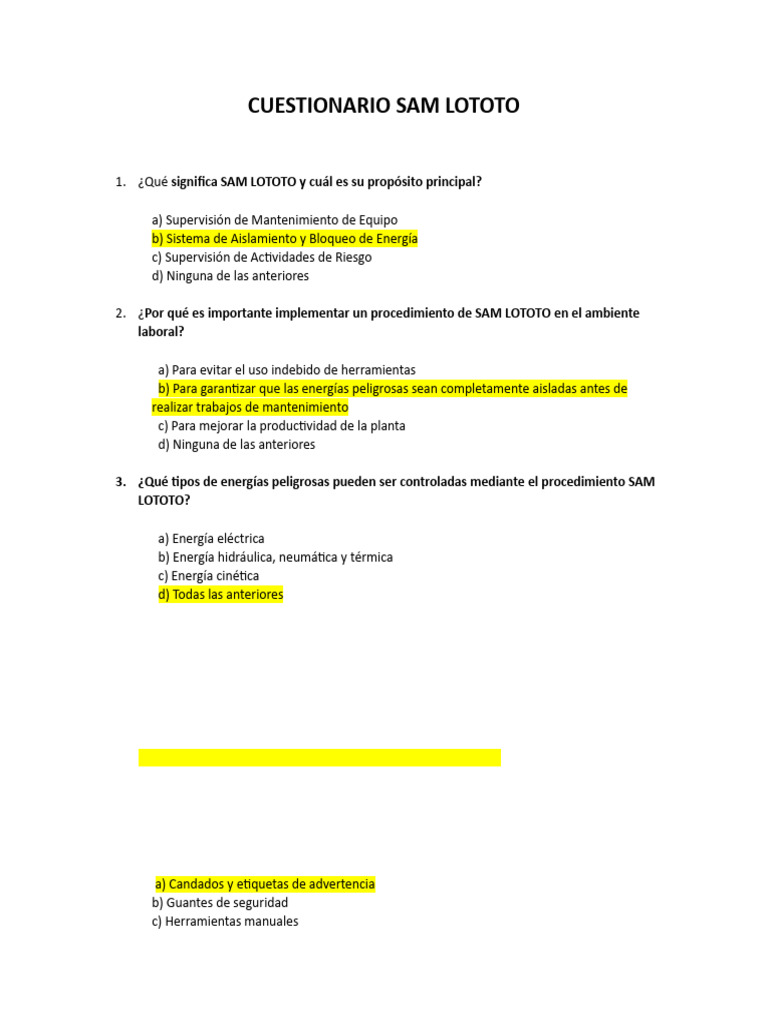 Cuestionario Sam Lototo | PDF