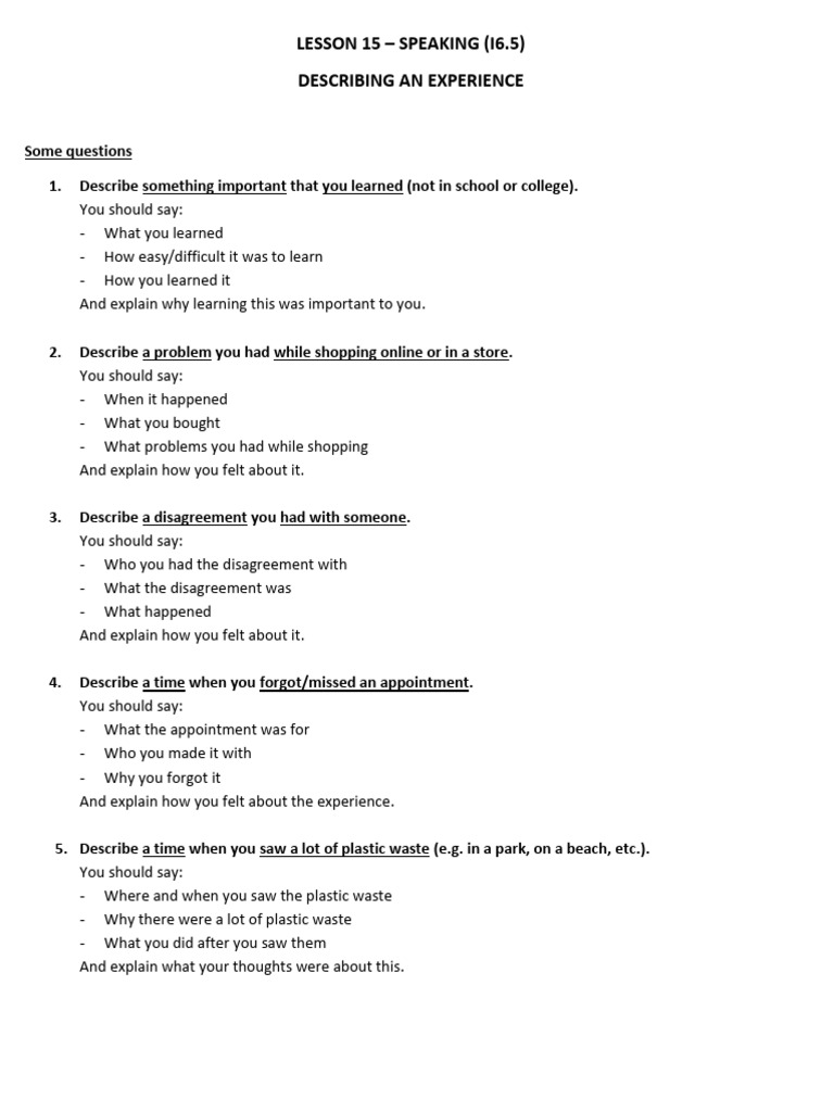 Lesson 15 (S2 - Describe An Experience) (Students - ) | PDF | Military