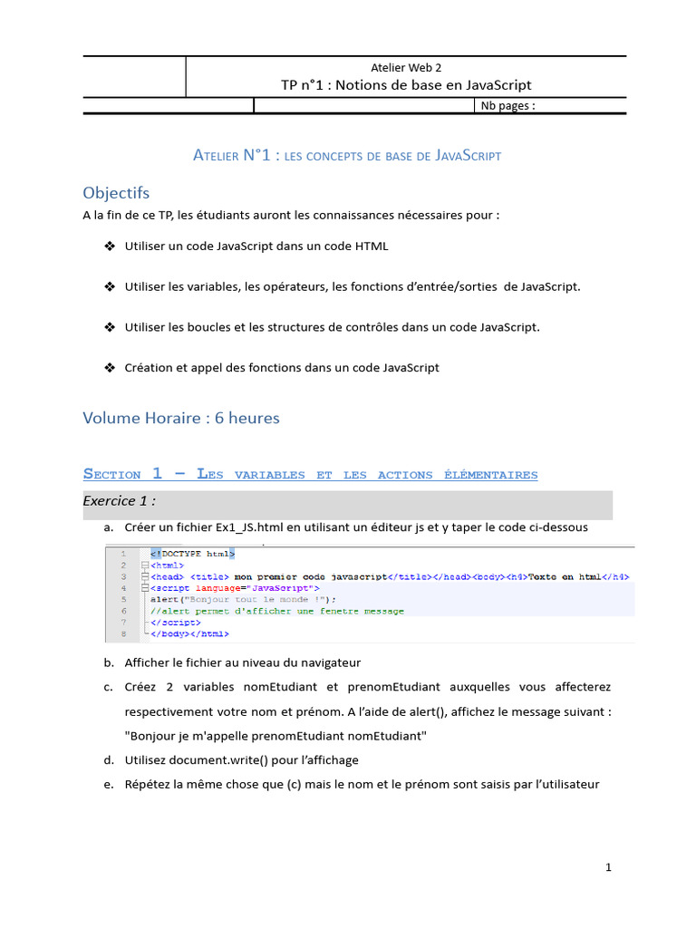 Atelier 1 JS | PDF | JavaScript | Hypertexte