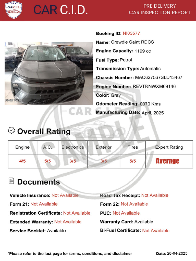 Car Cid Sample Pdi Report | PDF