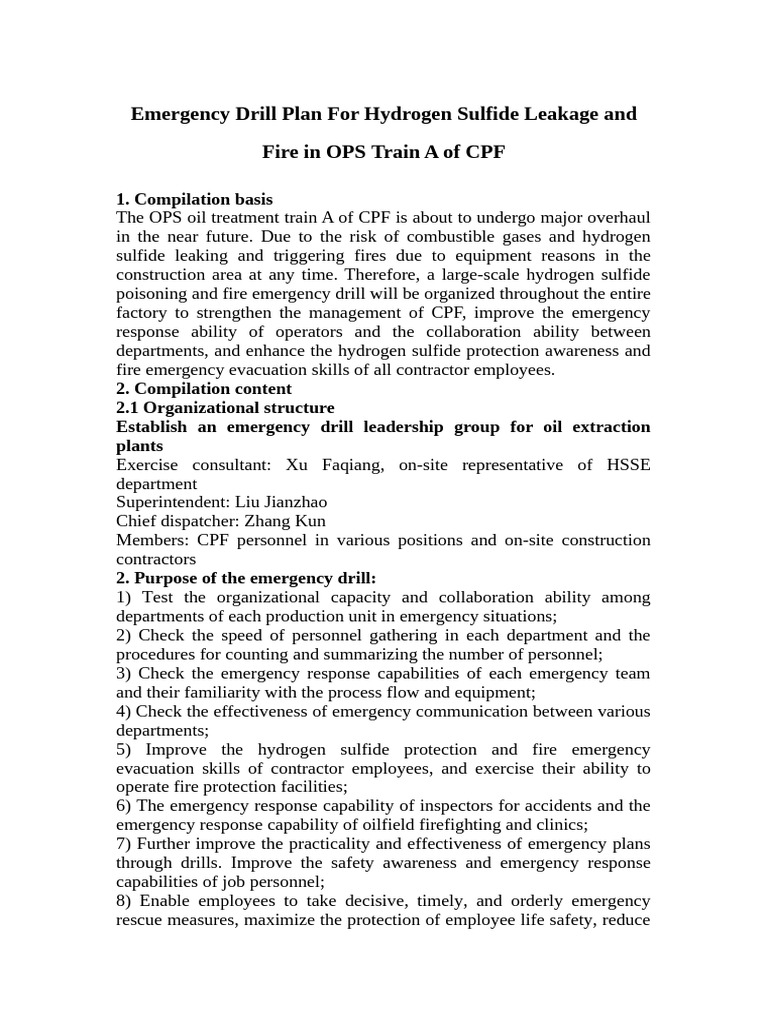 Emergency Drill Plan For Hydrogen Sulfide Leakage and Fire in OPS Train ...
