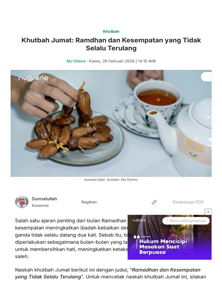 Khutbah Jumat - Ramdhan Dan Kesempatan Yang Tidak Selalu Terulang - NU ...