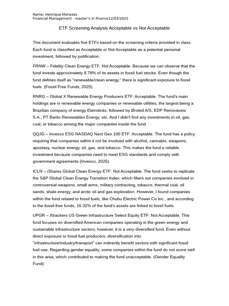 ETF Screening Analysis - Henrique Menezes | PDF | Exchange Traded Fund ...