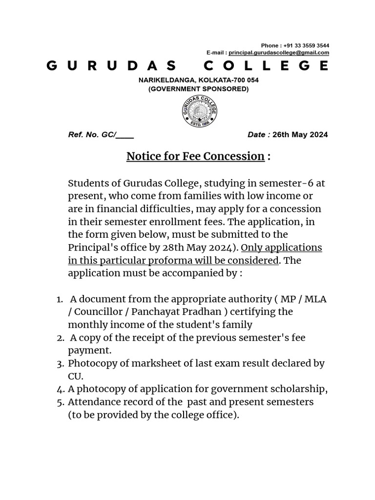 Fee Concession Notice Form Sem 6 2023 24 | PDF
