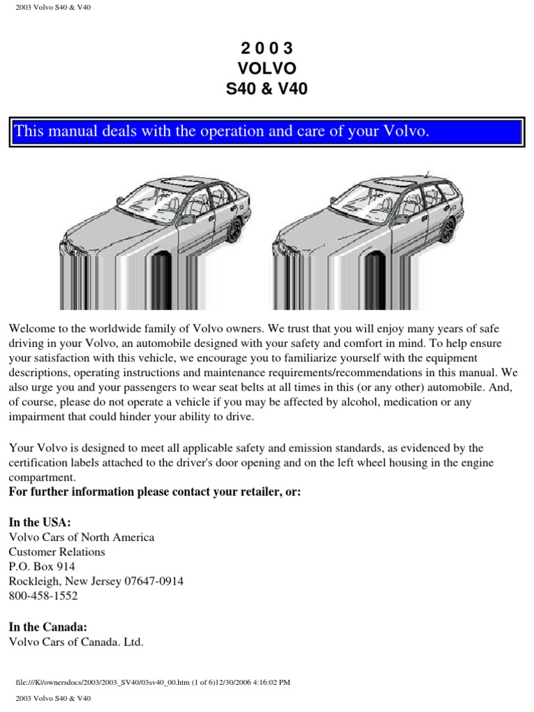 Volvo s40 v40 Owners Manual 2003 | Airbag | Seat Belt