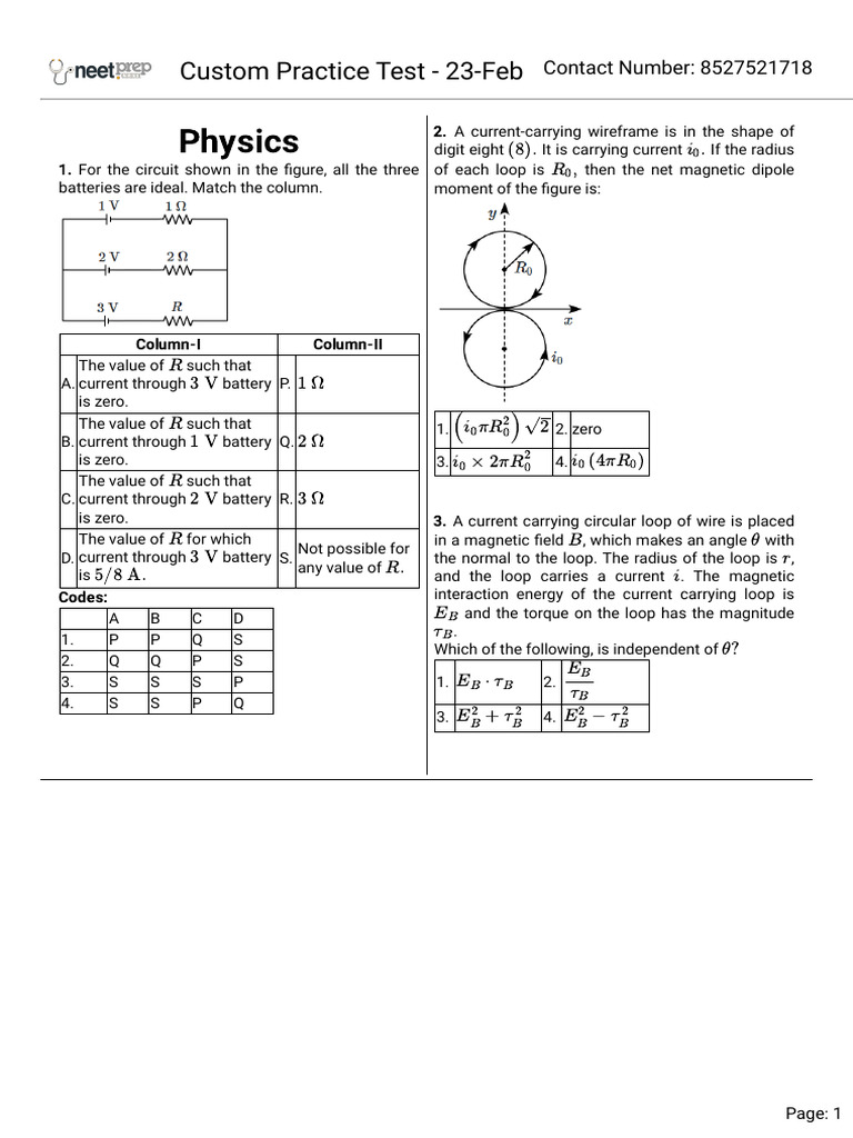 Custom Practice Test 23 Feb | PDF | Magnetism | Rotation