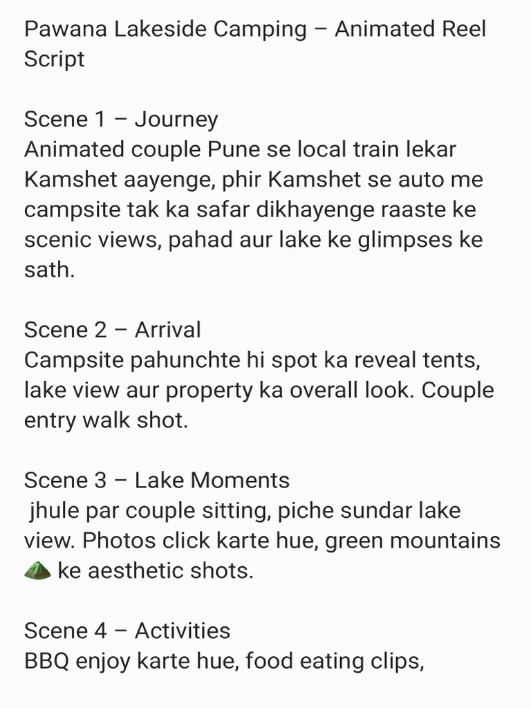 Pawana Lakeside Camping Reel Script | PDF
