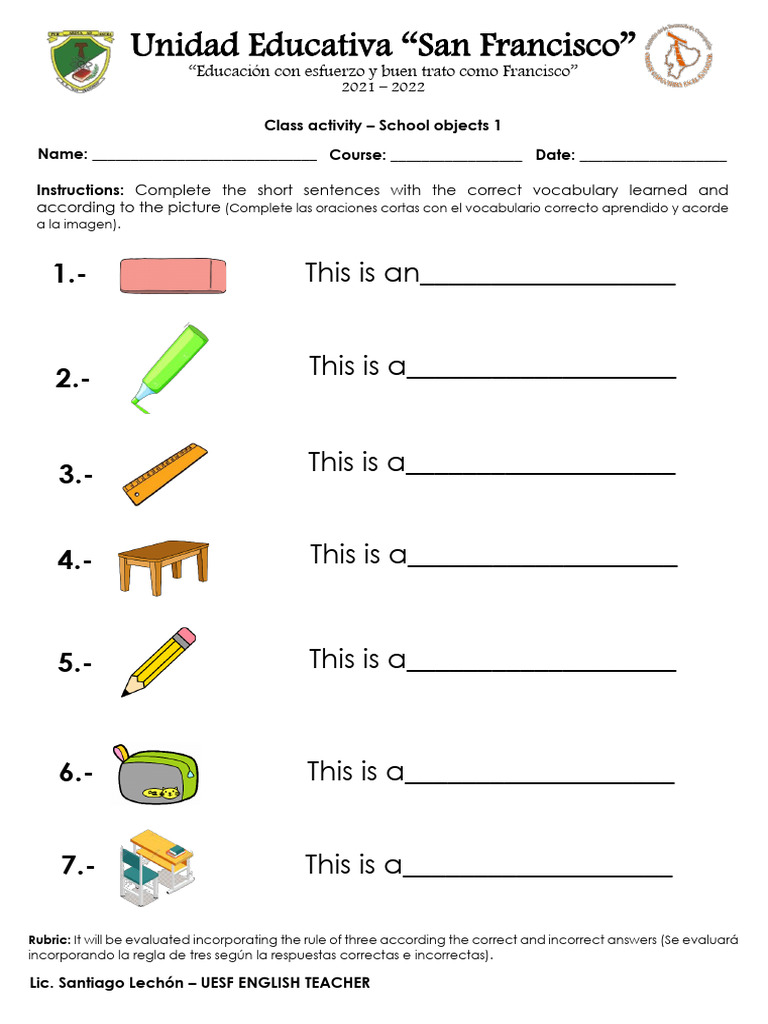 Class Activity - School Objects 1 | PDF