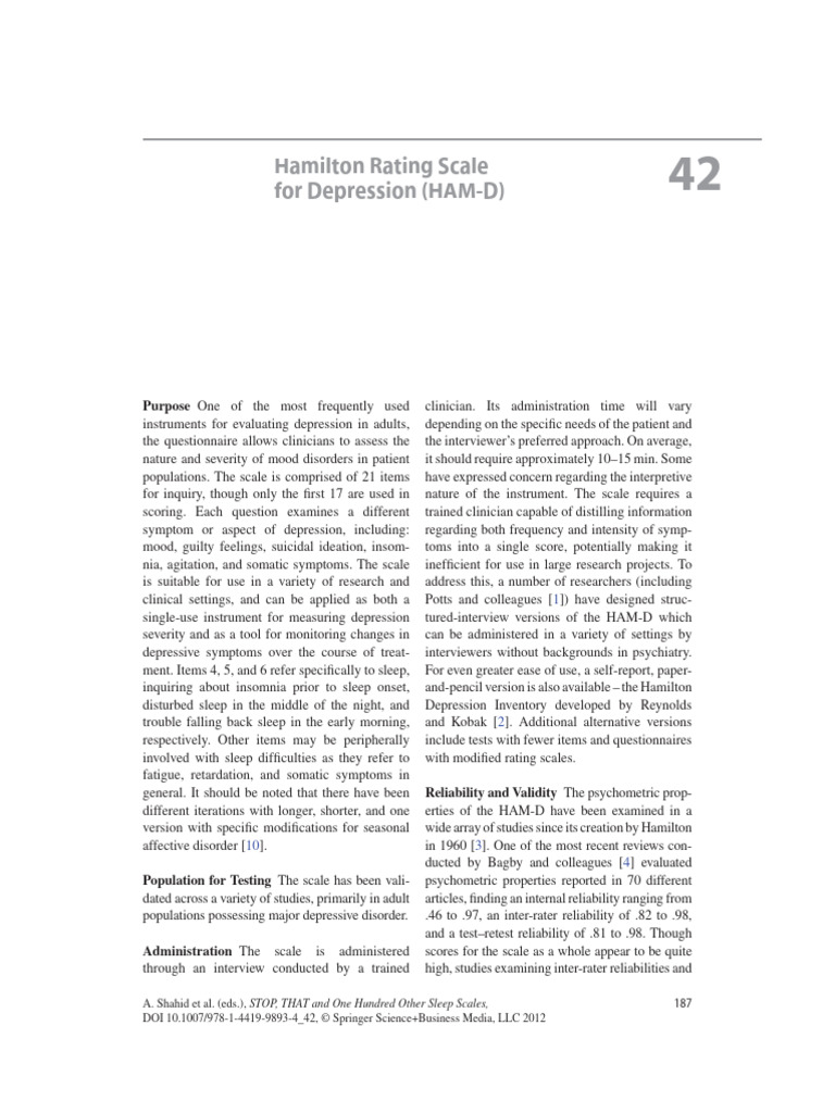 Hamilton Rating Scale For Depression (HAM-D) - 1 | PDF | Major ...