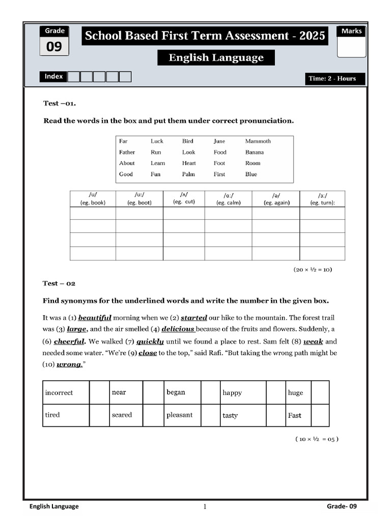 English - Grade 9 - First Term Test 2025 | PDF