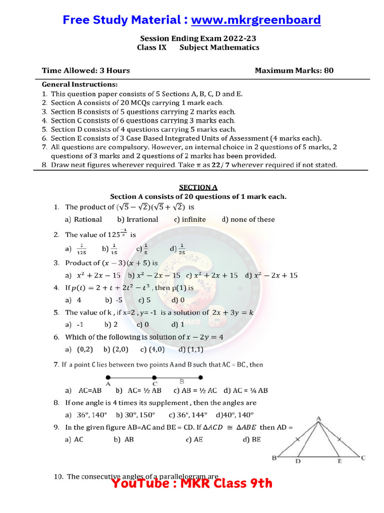 Class 9 Maths Question Paper 2023 PDF | PDF