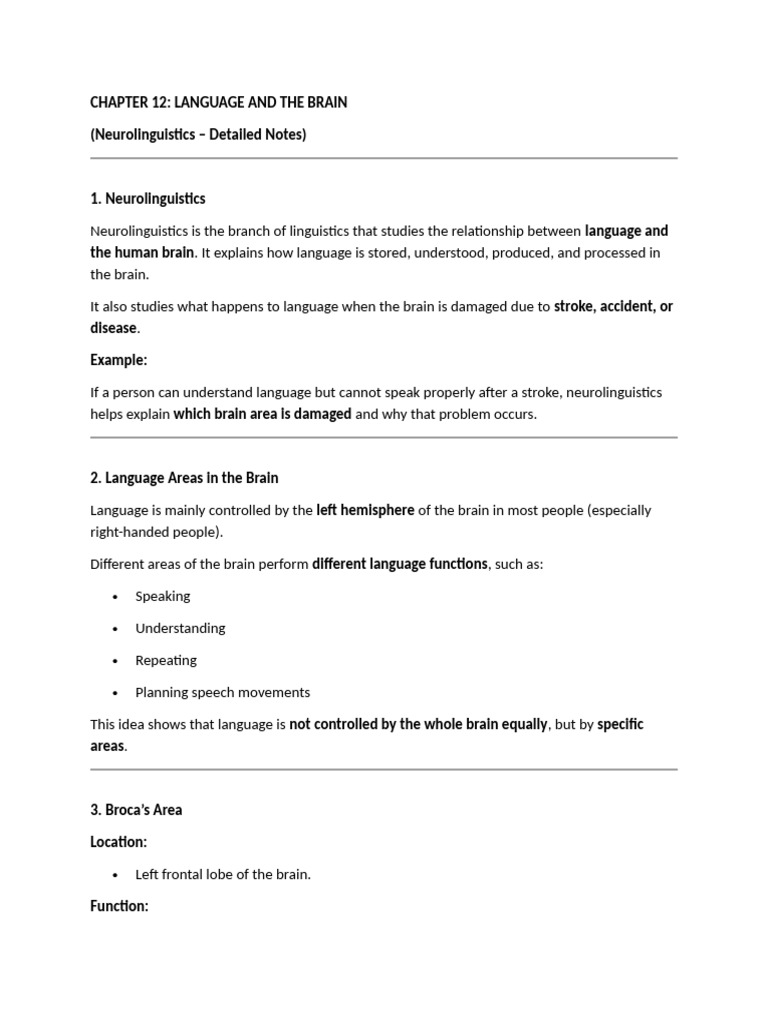 Language and Brain-Ch 12 | PDF | Speech | Lateralization Of Brain Function