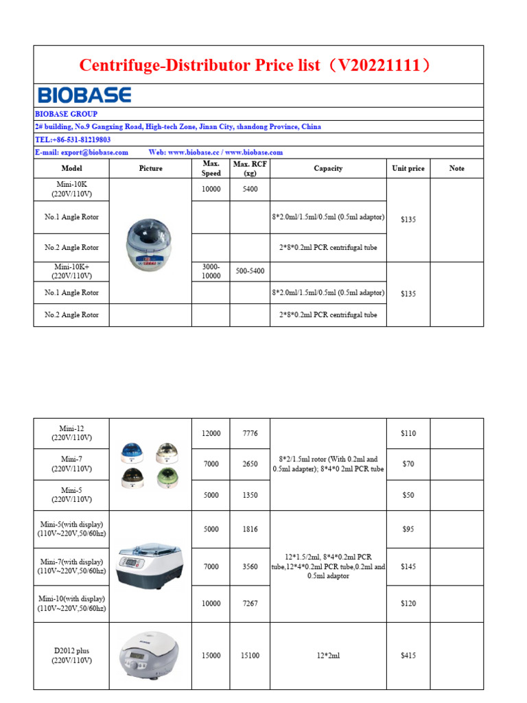 Centrifuge-Distributor Price List (v20221111 | PDF