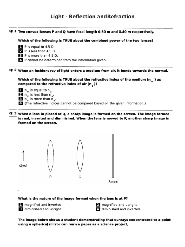 Light Reflection and Refraction CBQ | PDF