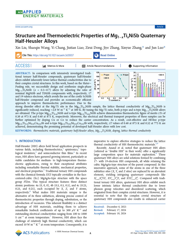 Liu Et Al 2024 Structure and Thermoelectric Properties of Mg1 Xtixnisb ...