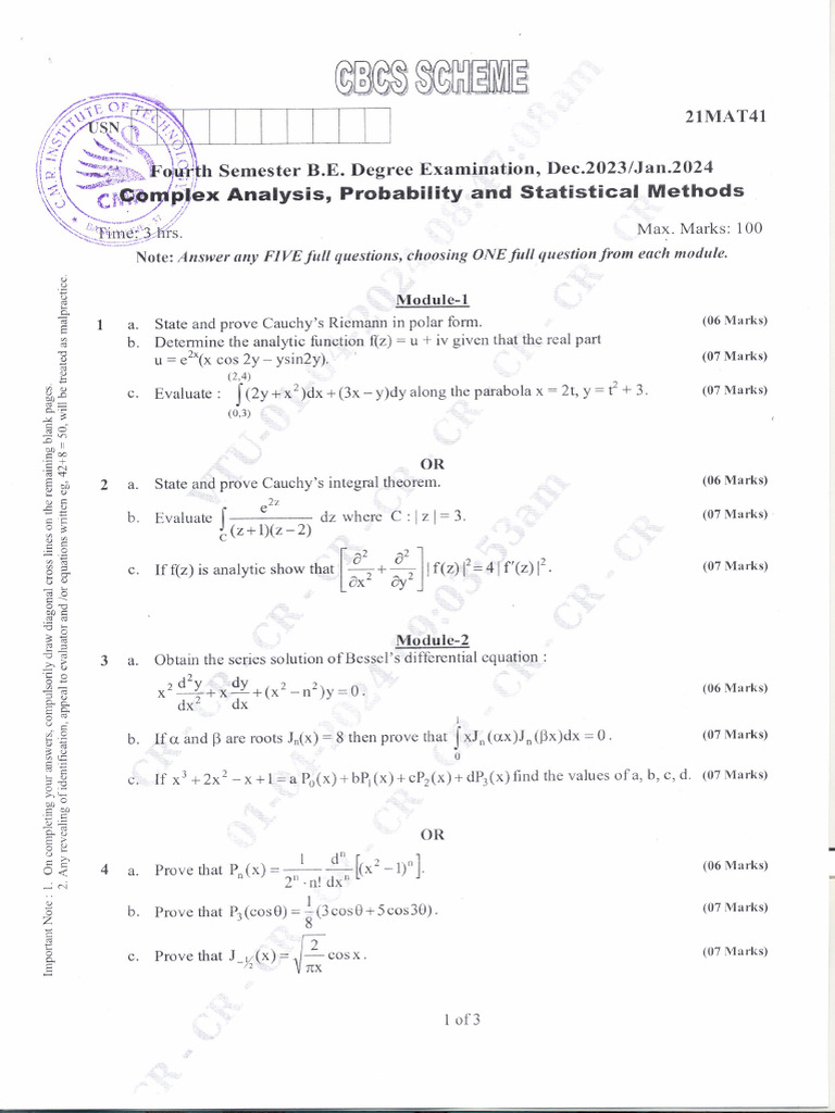VTU Question Paper of 21MAT41 Complex Analysis, Probability and ...
