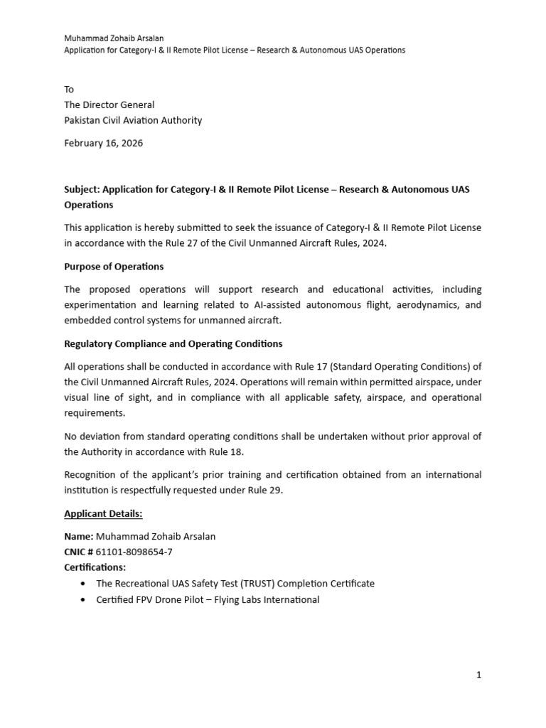 Muhammad Zohaib Arsalan Remote Pilot Application CAA-1 | PDF | Unmanned ...
