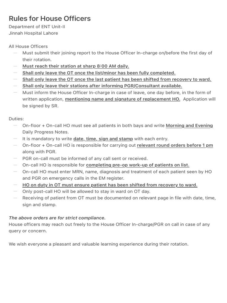 Rules For House Officers | PDF