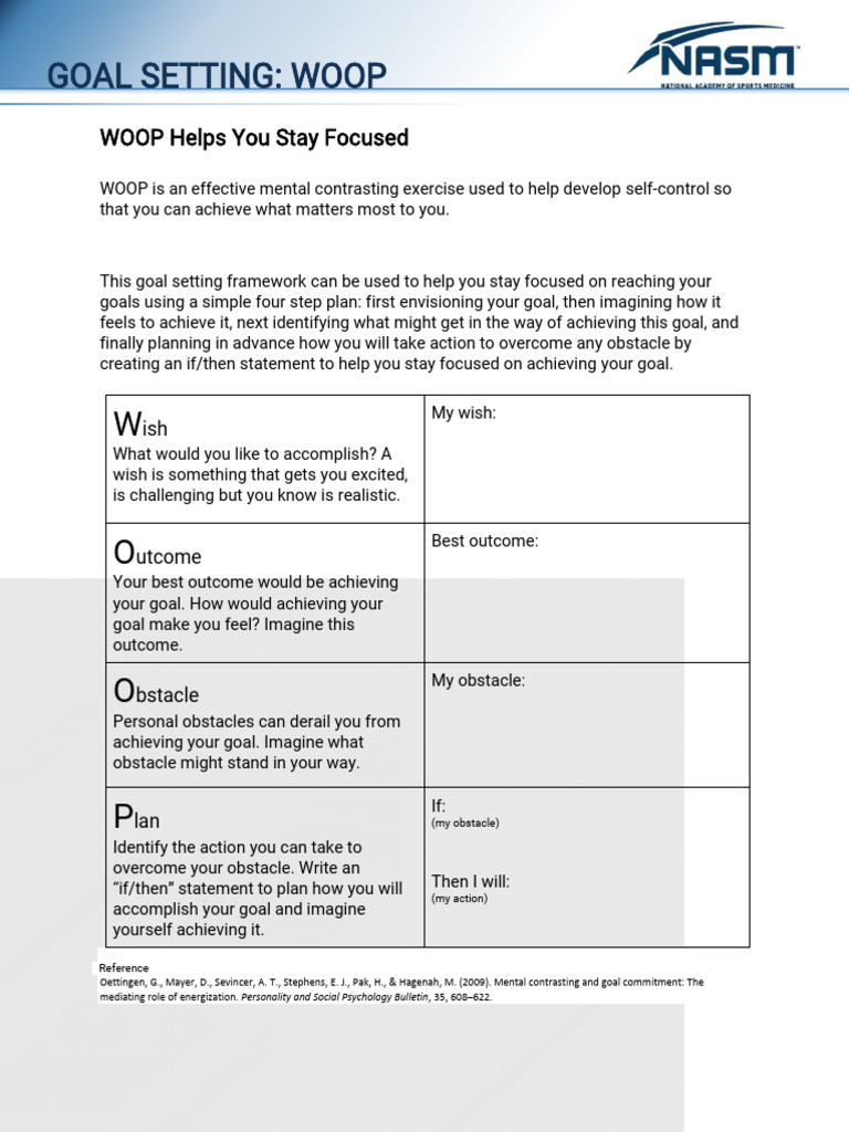 HOSA NASM Goal Setting WOOP Worksheet | PDF