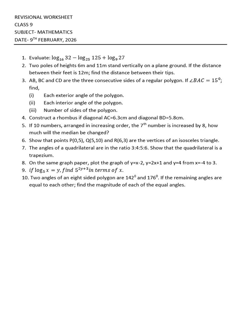 Revisional Worksheet 2 Class 9 Mathematics | PDF
