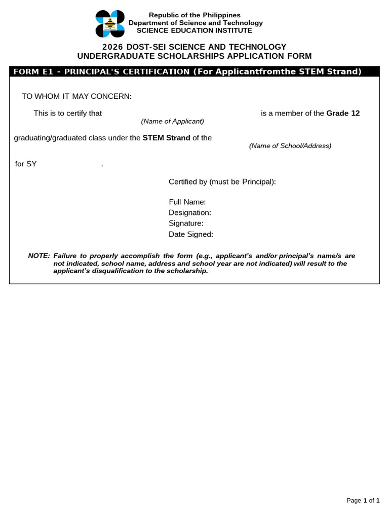 2026 DOST-SEI S&T Undergraduate Application Form E1 | PDF