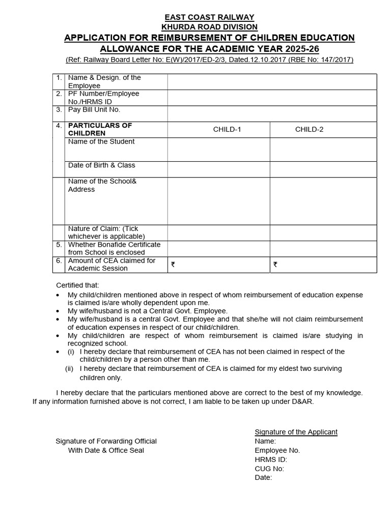 Application For Reimbursement of Children Education Allowance For The ...