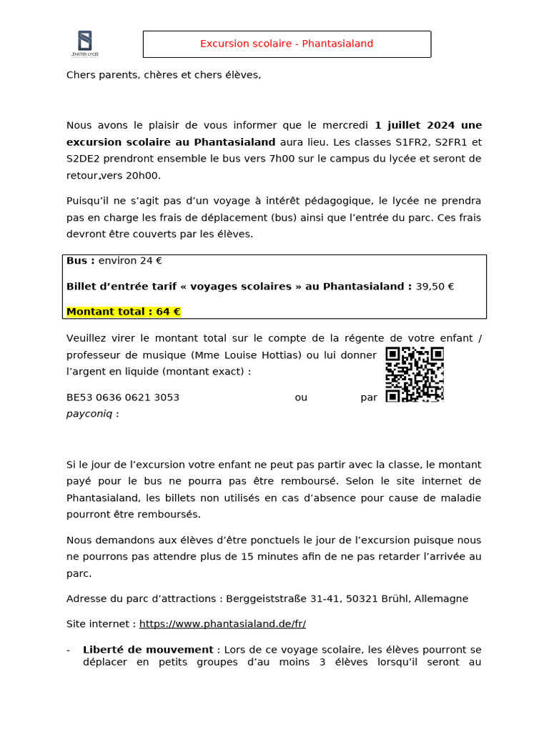 Fiche D'information Excursion Scolaire 2024 | PDF