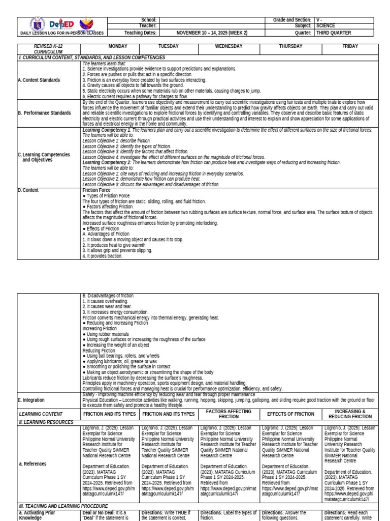 G5 Science DLL Q3 W2 | PDF | Friction | Force