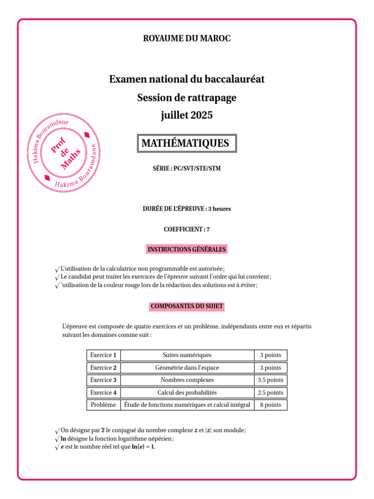 Examen National 2025 Session de Rattrapage-Mathématique Pour PC/SVT ...