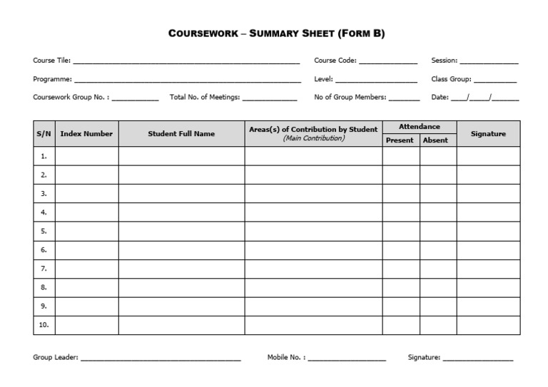 Coursework Summary Sheet Form B | PDF