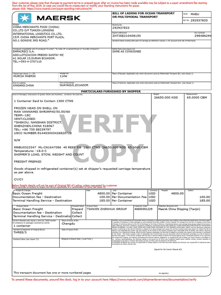 BL 292937833 Verify | PDF | Bill Of Lading | Cargo