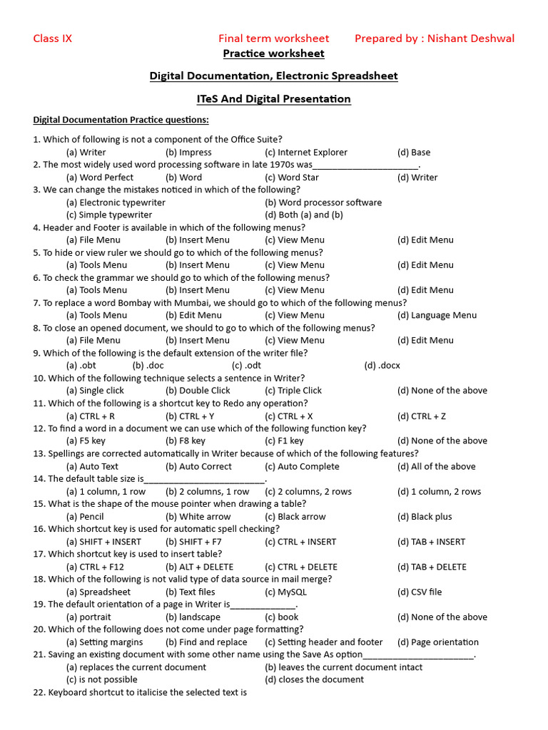 Class IX Practice Worksheet | PDF | Spreadsheet | Keyboard Shortcut