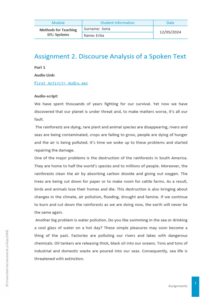 Discourse Analysis of A Spoken Text | PDF | Rainforest | Pollution