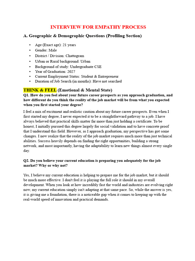 Answeing INTERVIEW FOR EMPATHY PROCESS-2 | PDF | Artificial ...