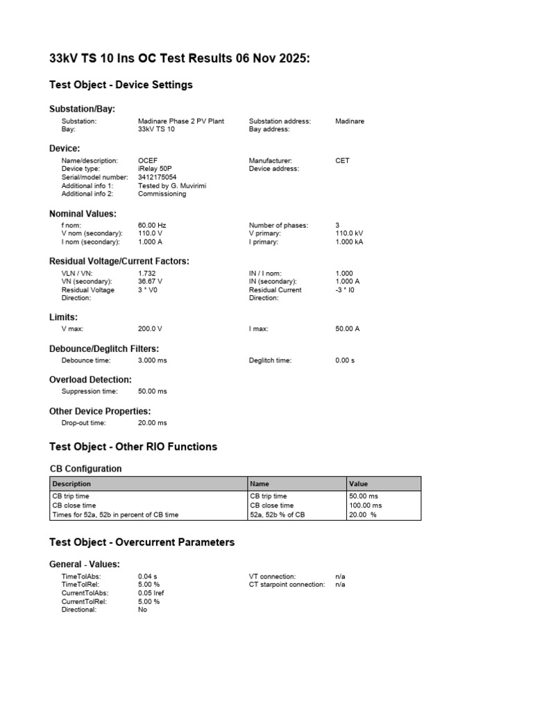 33kV TS 10 Inst OC Test Results 06 Nov 2025 | PDF | Electromagnetism ...