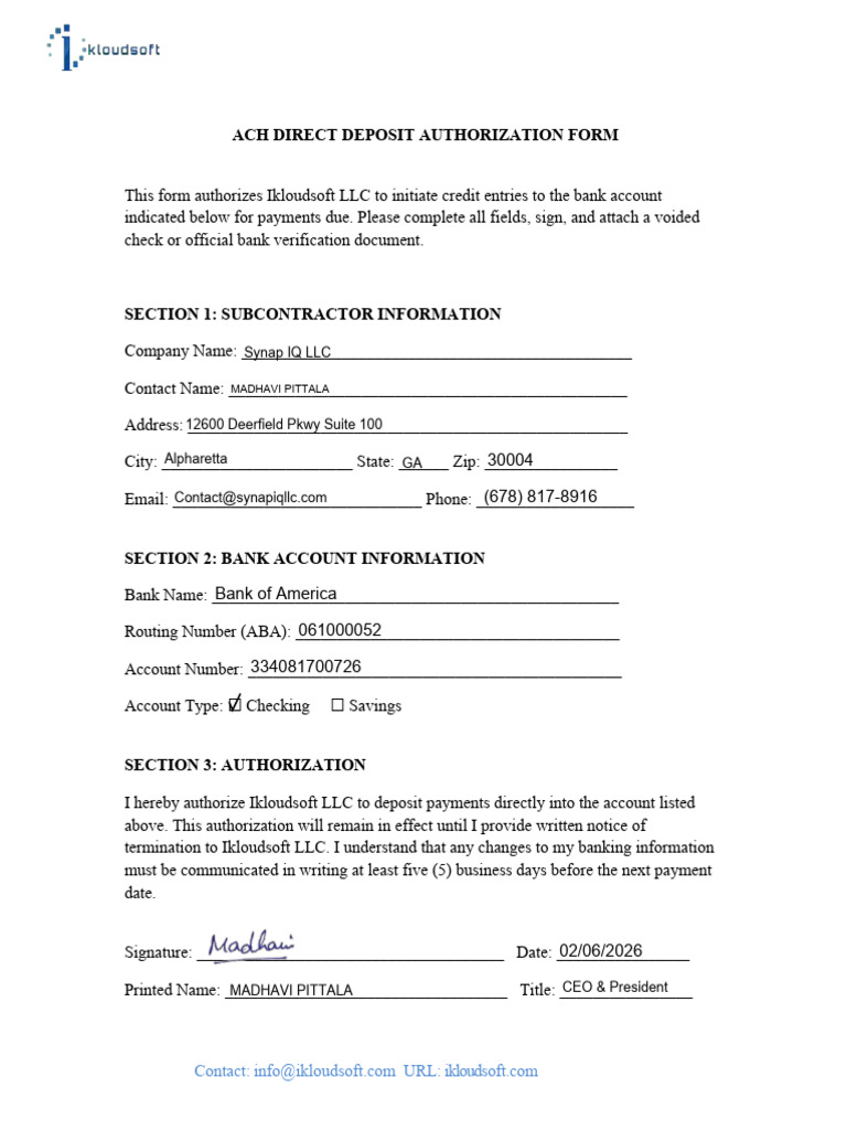 ACH Direct Deposit Authorization Form Ikloudsoft | PDF