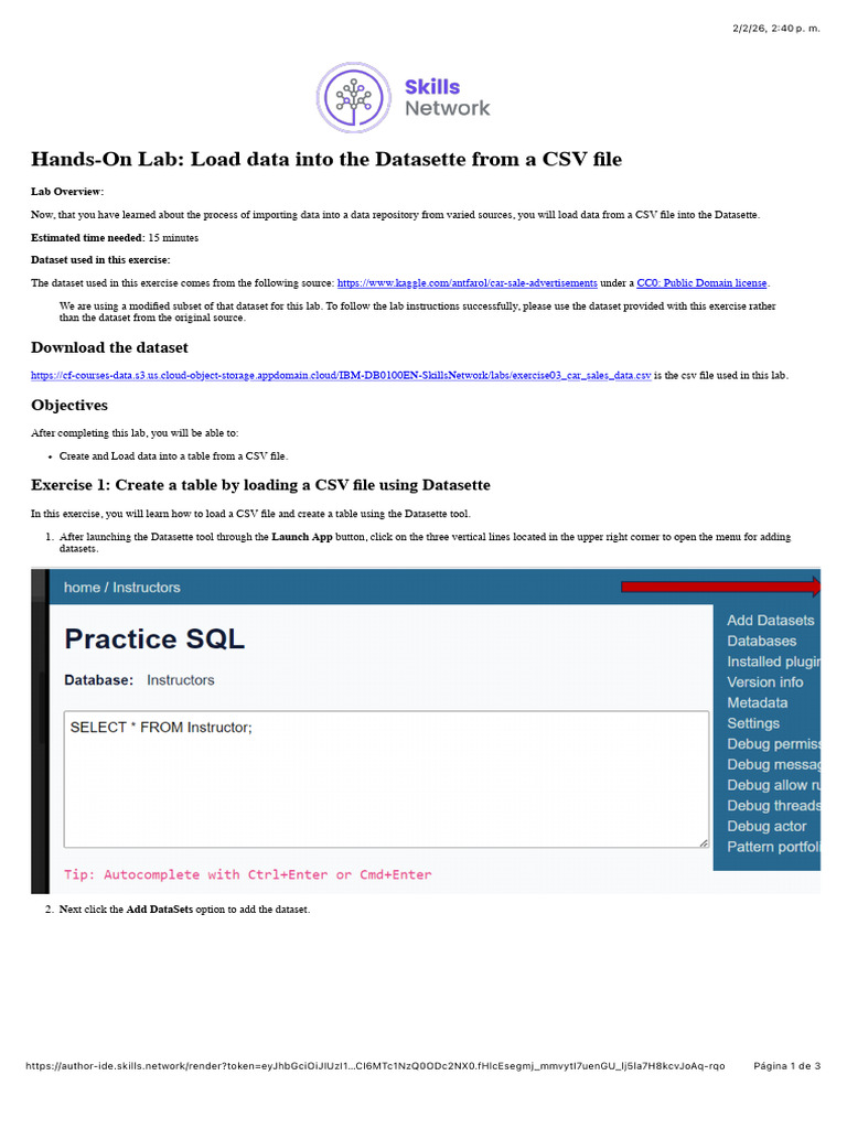 M3 - Hands-On Lab - Load Data Into The Datasette From A CSV File - IBM ...