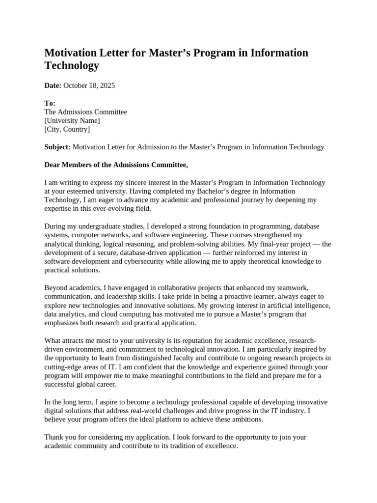 Motivation Letter For Master | PDF