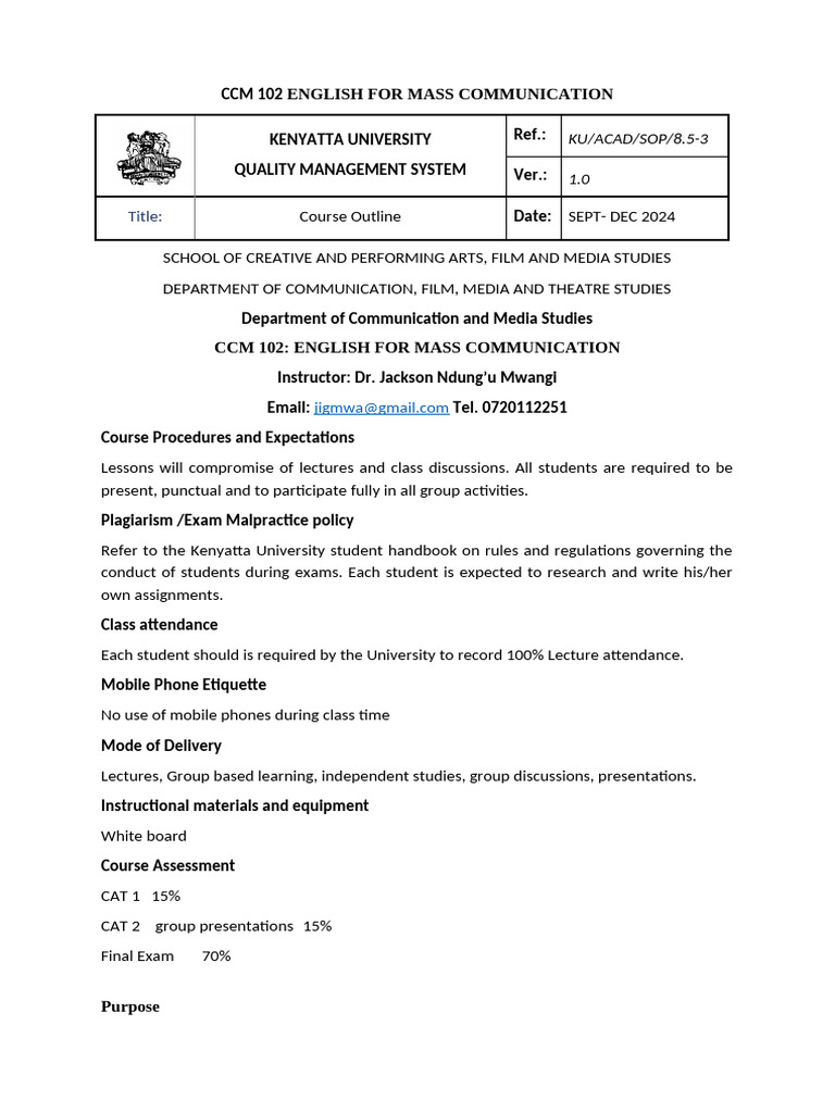 COURSE OUTLINE - CCM 102 - English For Mass Communication | PDF ...