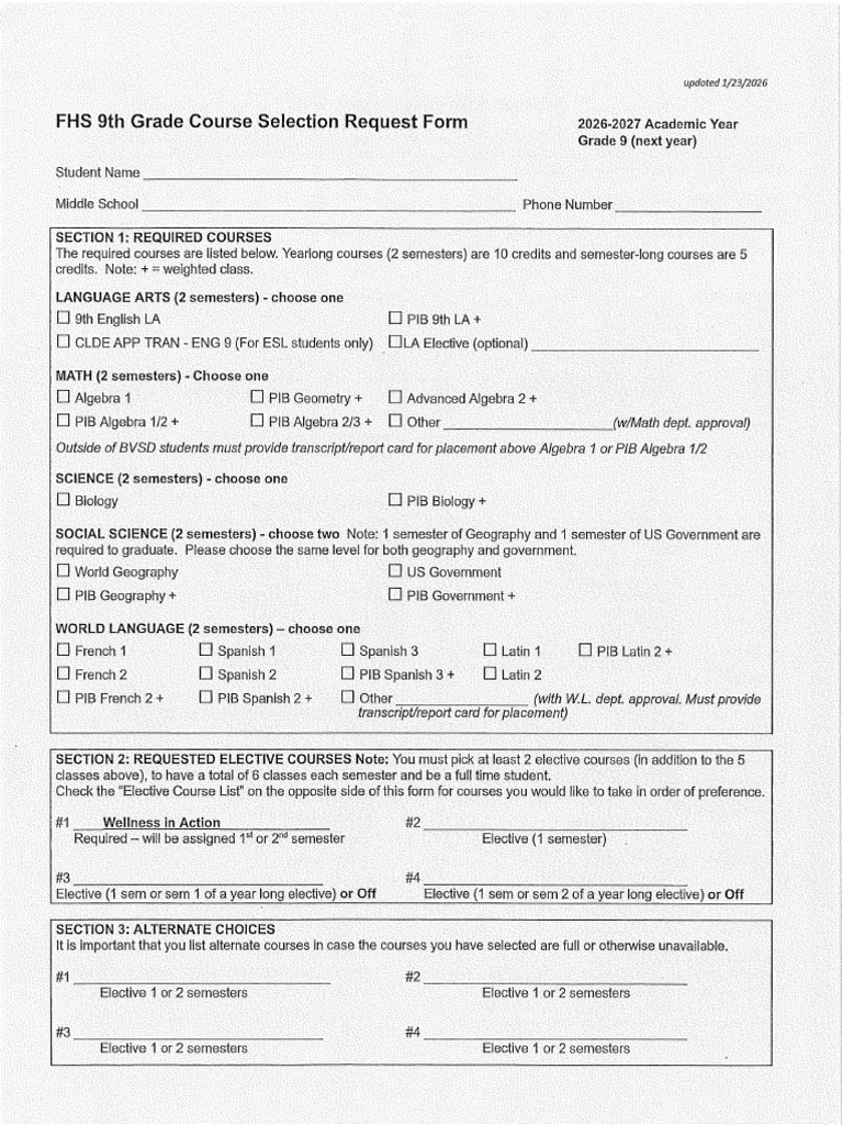 Fairview Course Selection Form | PDF